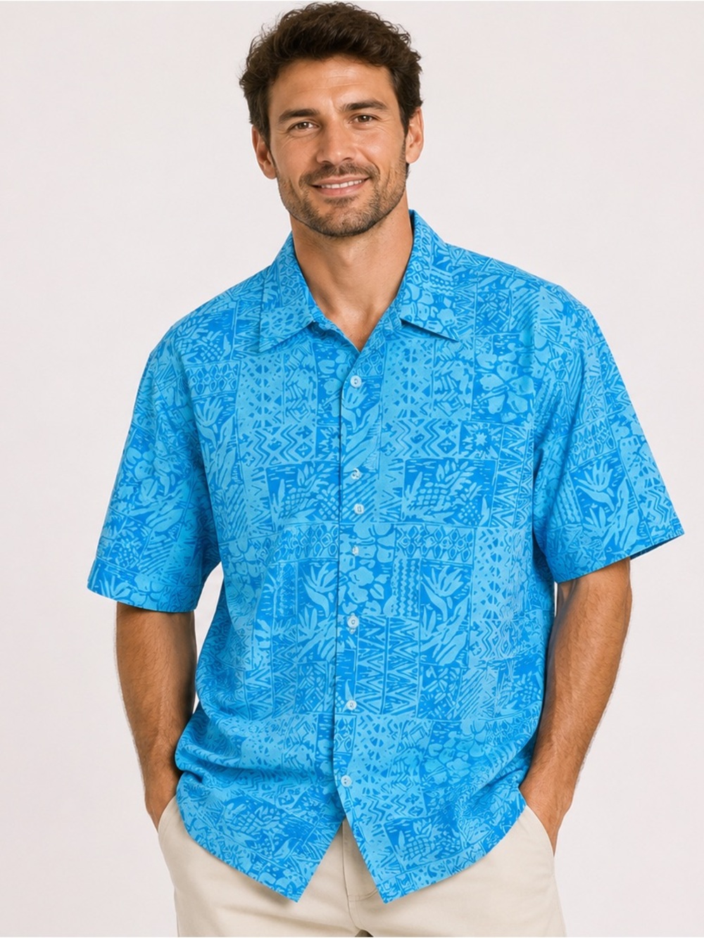Rum Reggae Hawaiian Batik Camp Shirt "Blue Hawaii" Pantone Blue Size Large, NWT!